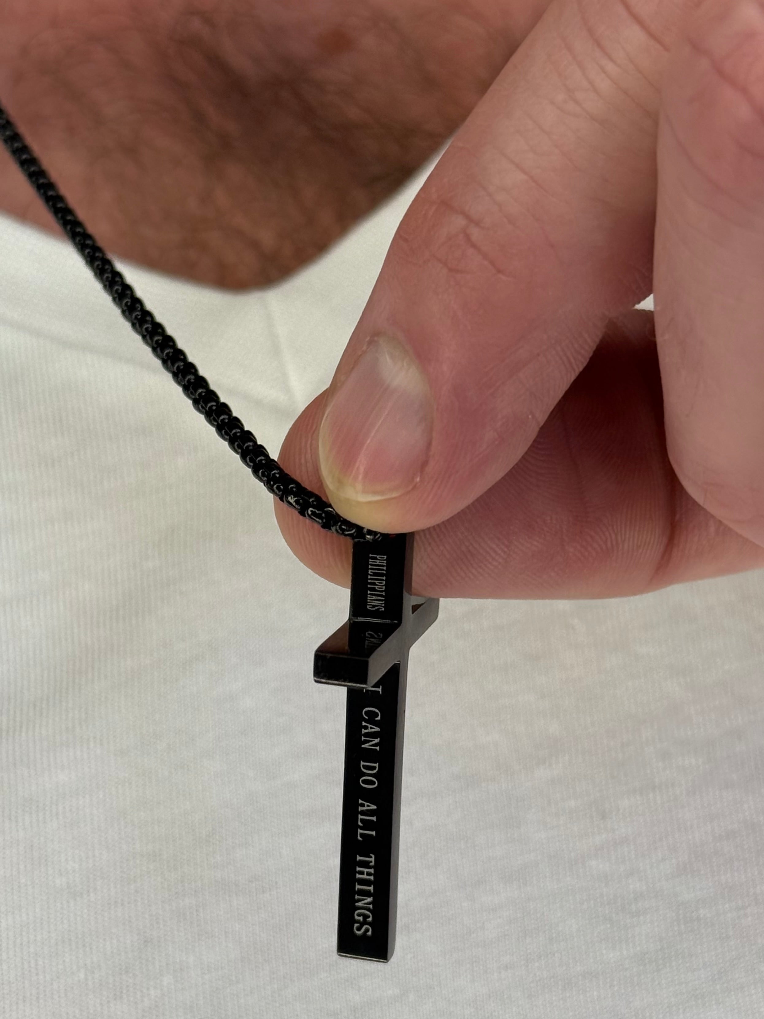 Stainless Steel Men’s Cross Necklace – “I Can Do All Things” Pendant Silver/Black