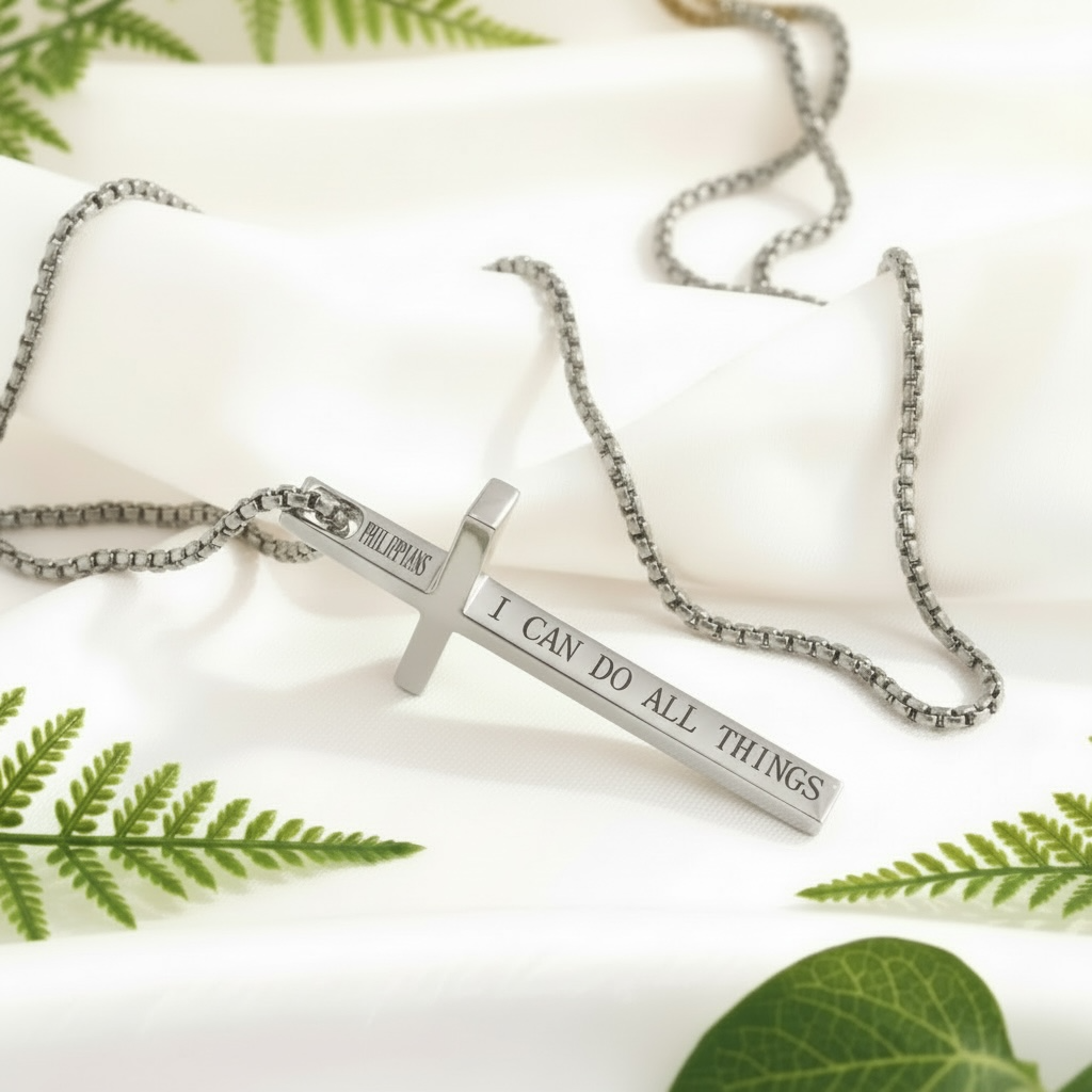 Stainless Steel Men’s Cross Necklace – “I Can Do All Things” Pendant Silver/Black