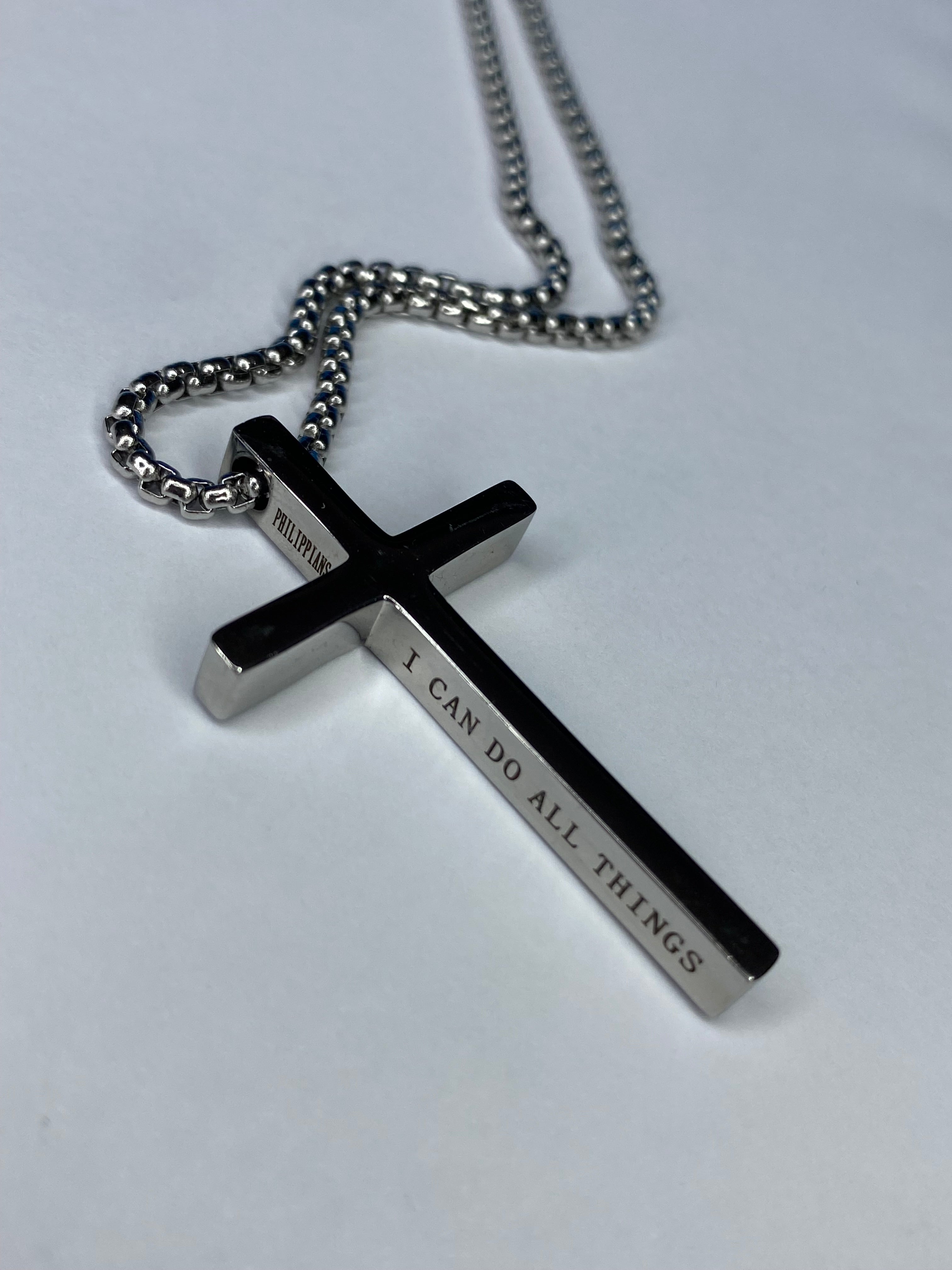 Stainless Steel Men’s Cross Necklace – “I Can Do All Things” Pendant Silver/Black