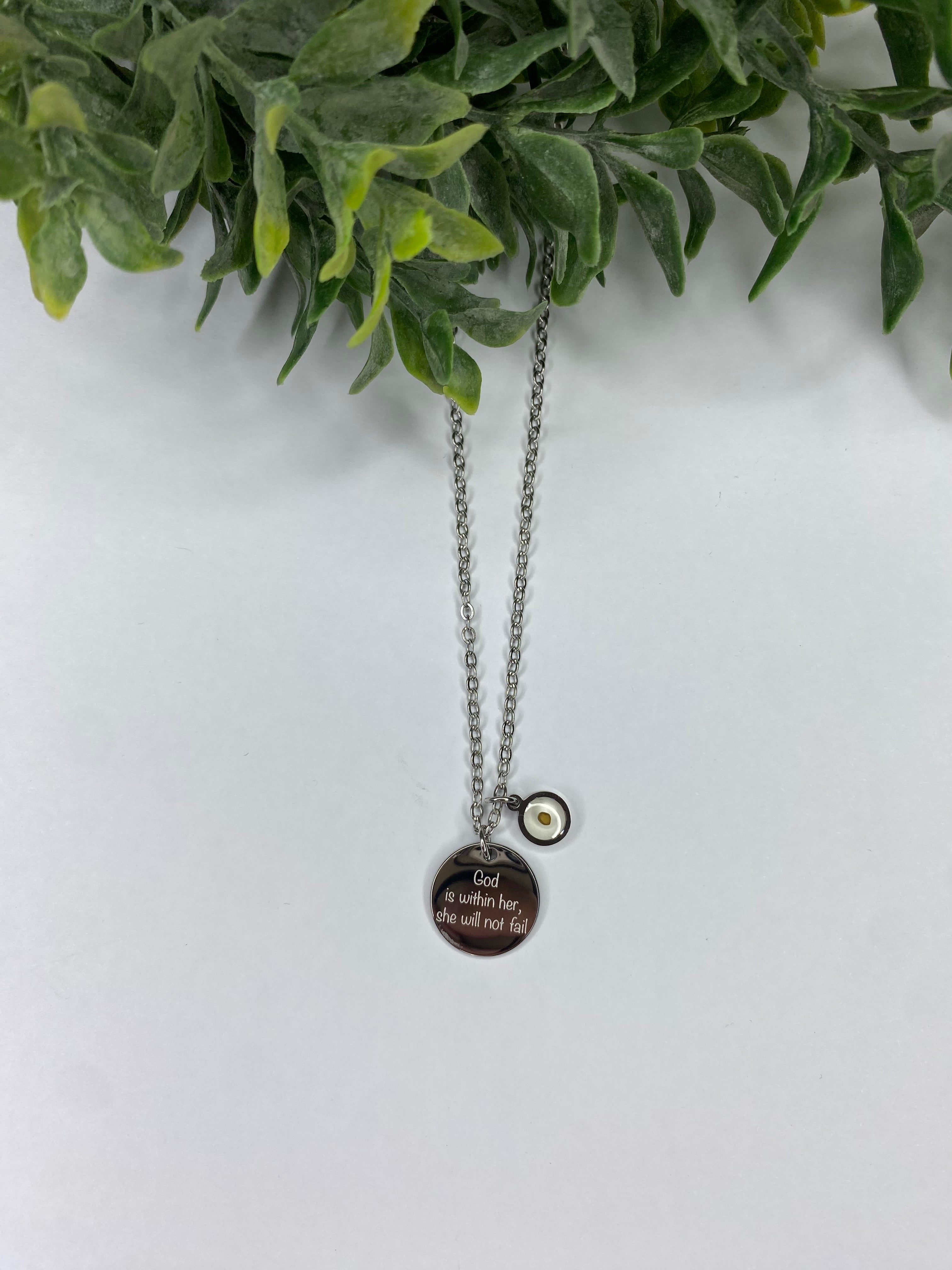 ✨🌿God Is Within Her, She Will Not Fail” Inspirational Pendant- Faith Mustard Seed Necklace🌿✨