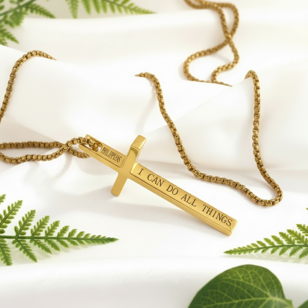 Stainless Steel Men’s Cross Necklace – “I Can Do All Things” Pendant Silver/Black