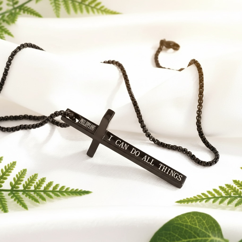 Stainless Steel Men’s Cross Necklace – “I Can Do All Things” Pendant Silver/Black