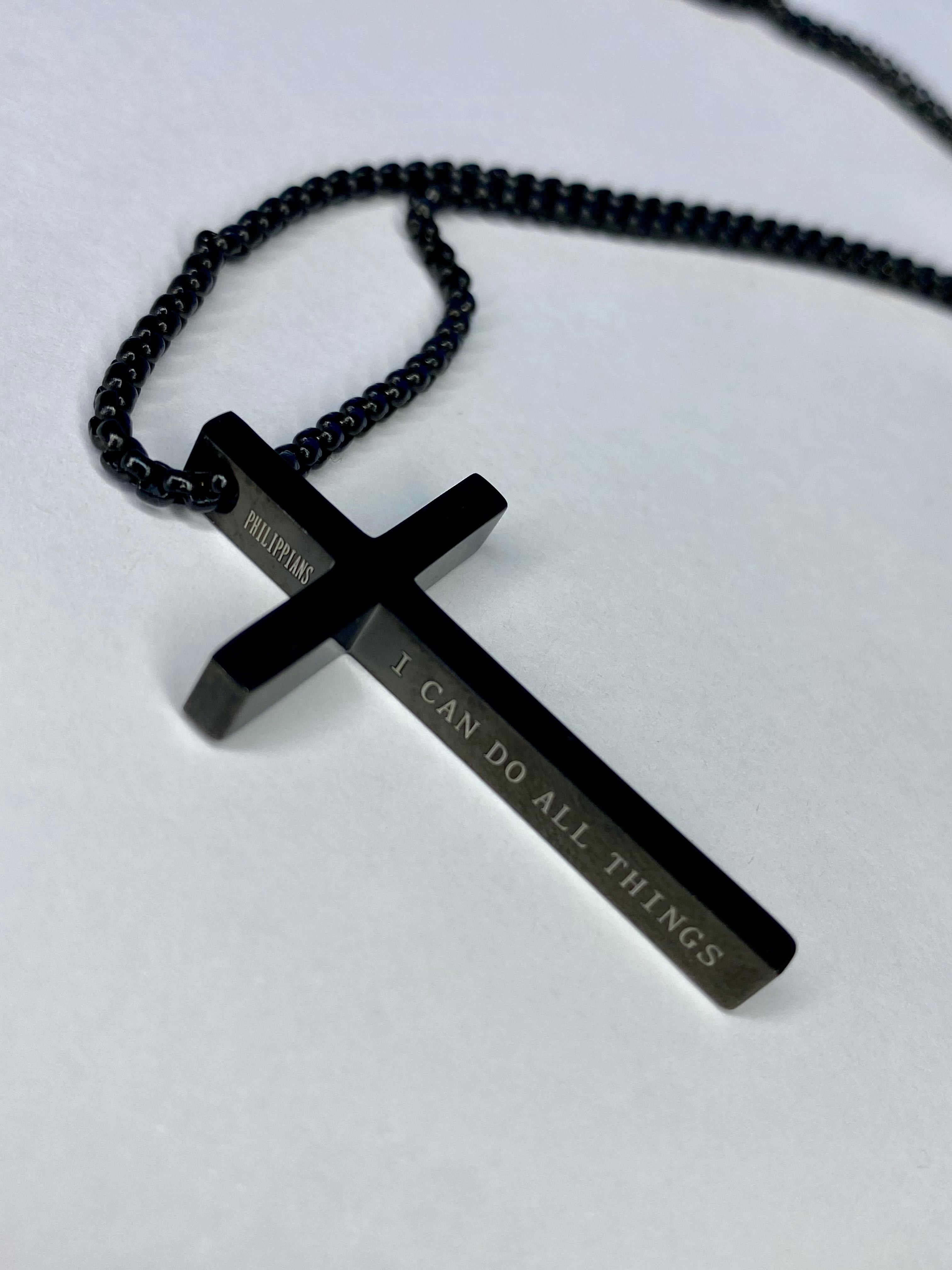Stainless Steel Men’s Cross Necklace – “I Can Do All Things” Pendant Silver/Black