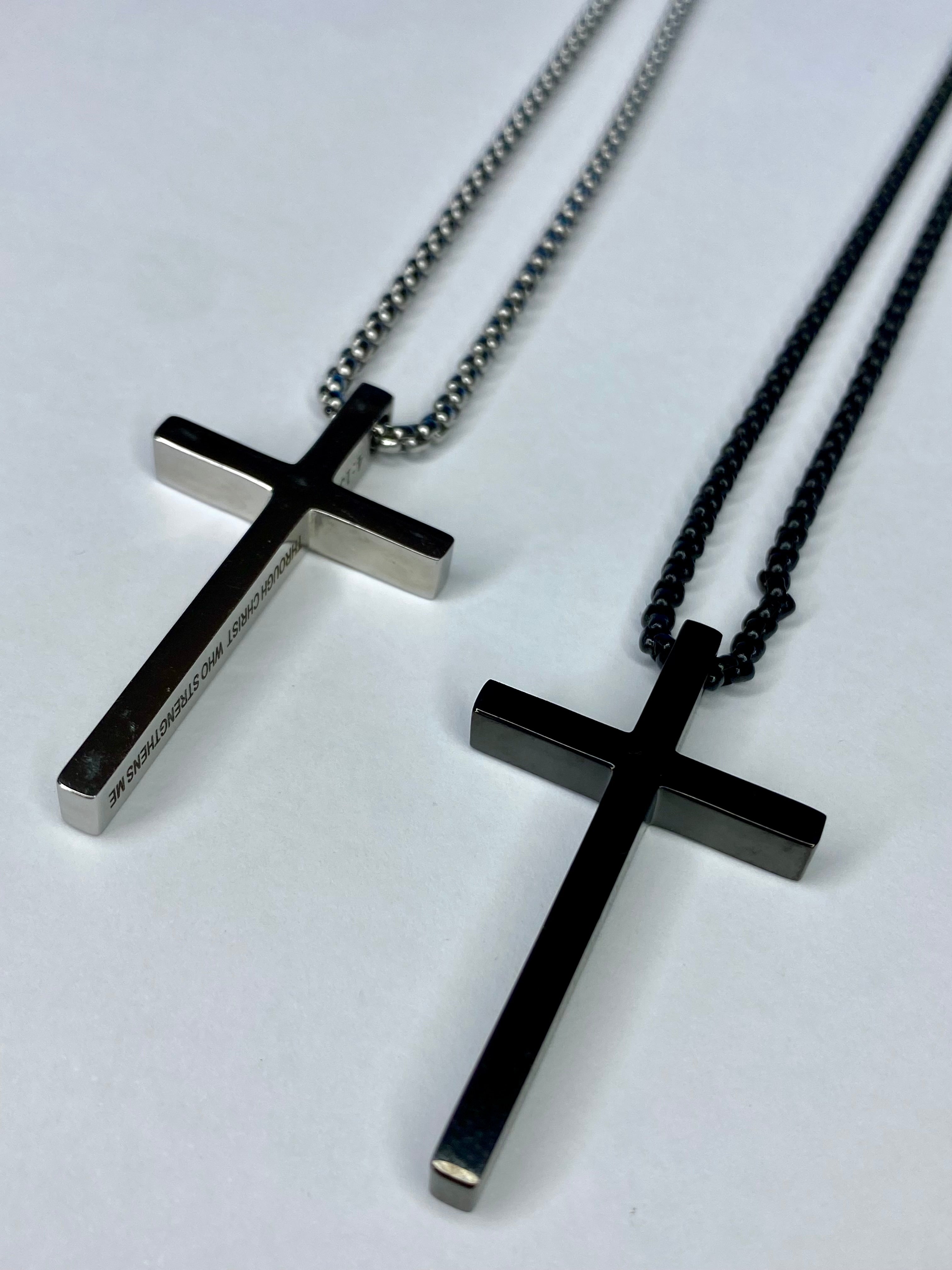 Stainless Steel Men’s Cross Necklace – “I Can Do All Things” Pendant Silver/Black
