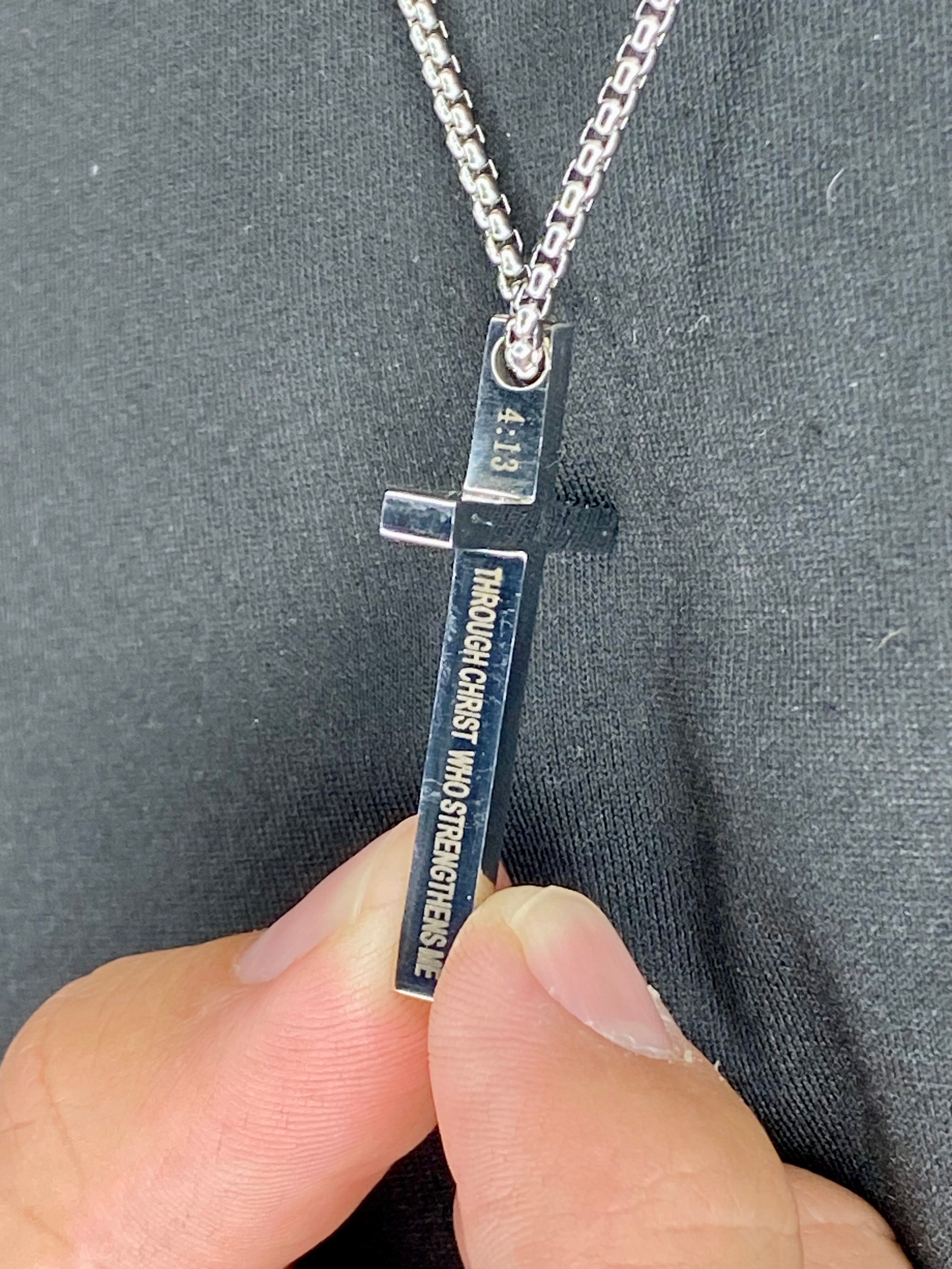 Stainless Steel Men’s Cross Necklace – “I Can Do All Things” Pendant Silver/Black