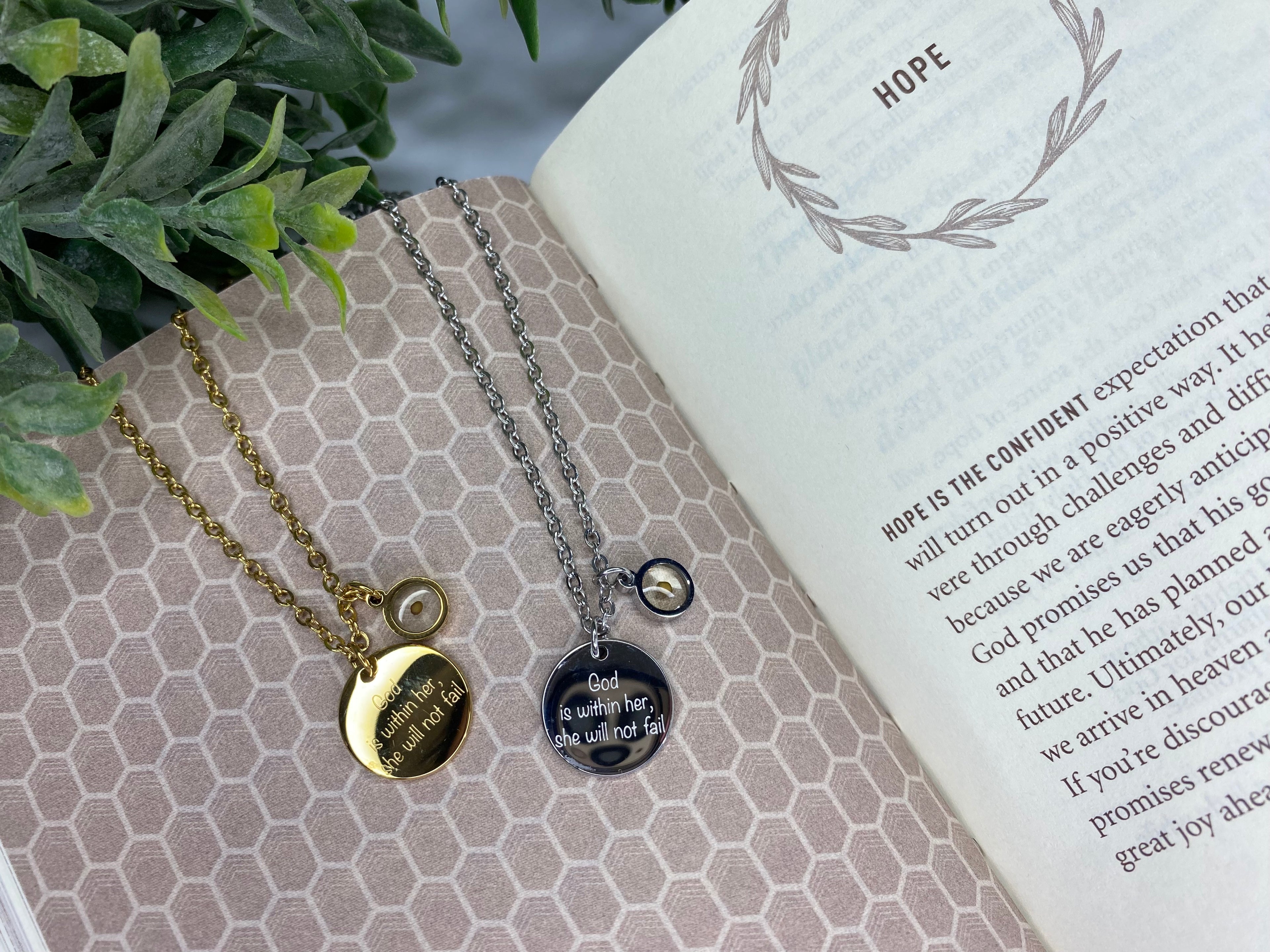 ✨🌿God Is Within Her, She Will Not Fail” Inspirational Pendant- Faith Mustard Seed Necklace🌿✨
