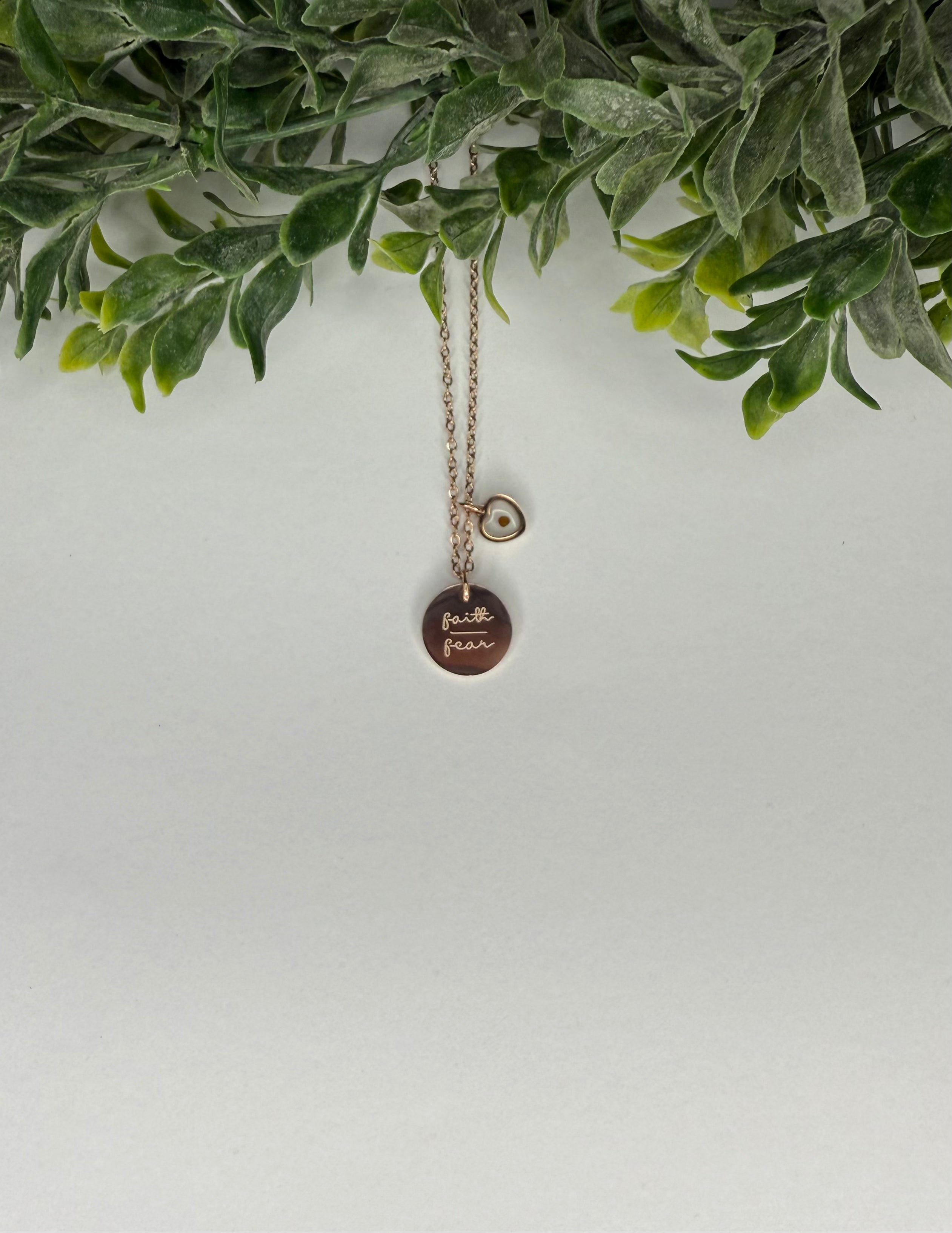 🌿  Faith Over Fear Rose Gold Necklace – Pendant with Heart Charm 🌿
