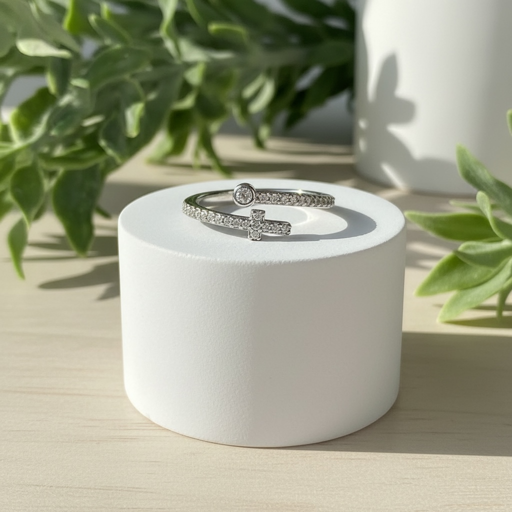 🌿✨Elegant Silver-Tone Cross & Heart Cubic Zirconia Ring for Women🌿✨